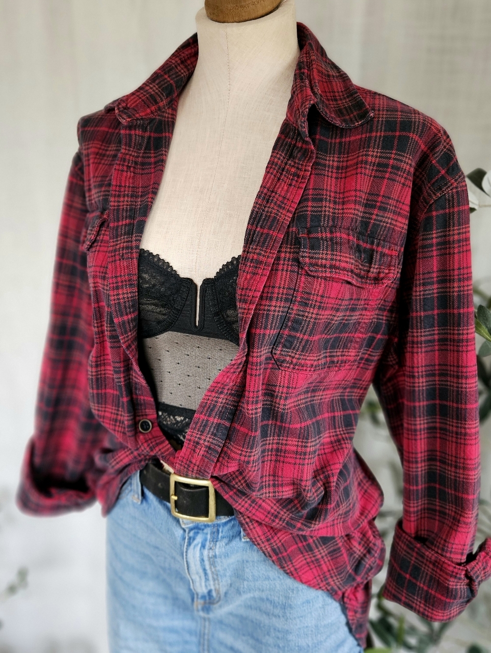Jachs Heavyweight Cotton Red and Black Plaid Button Down Shirt Jacket Size Large